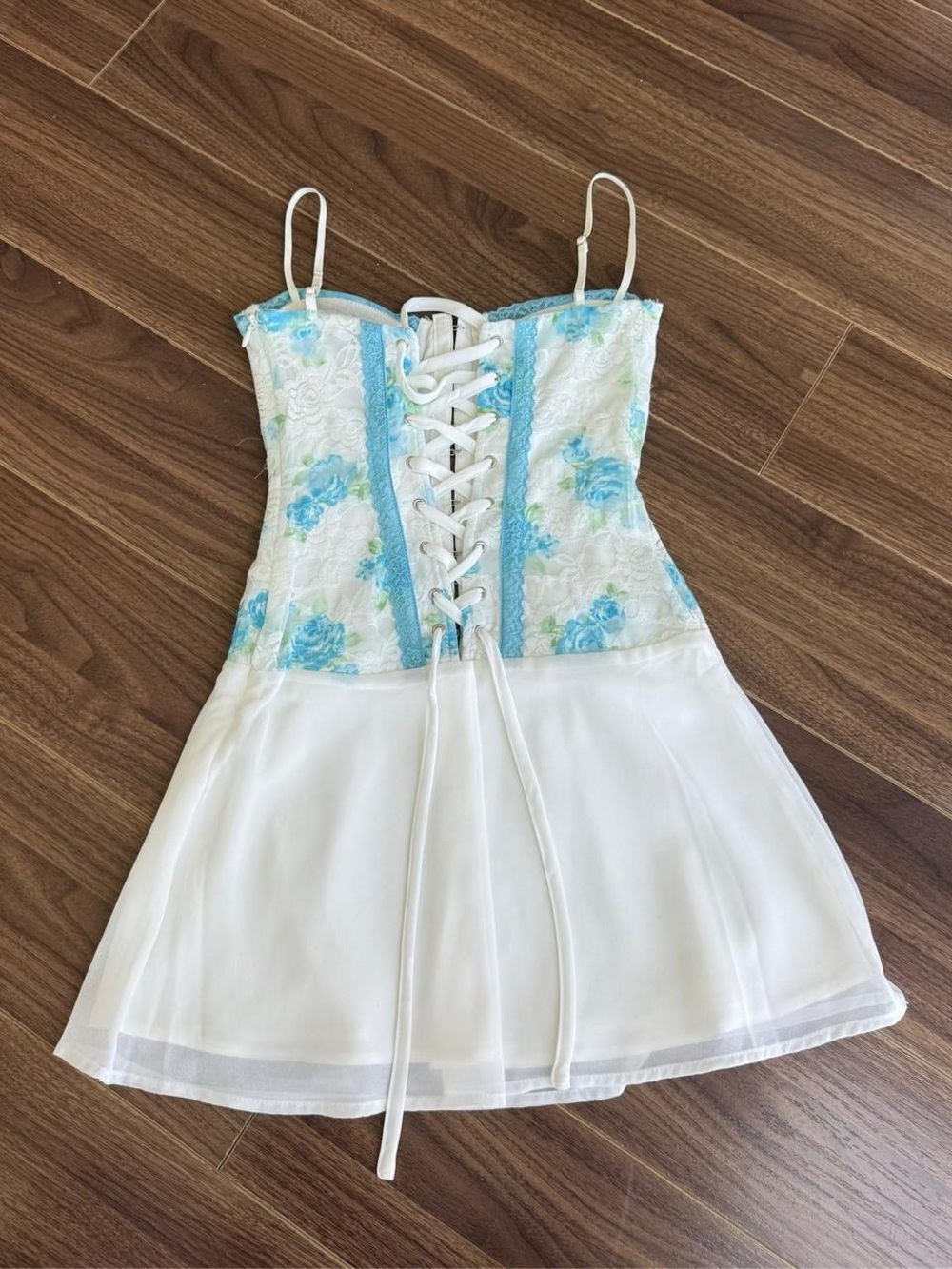 White & Aqua Lace-Up Mini Dress - Picture 7 of 9